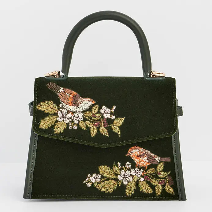 Eliza Wren Embroidered Top Handle Purse in Green Velvet