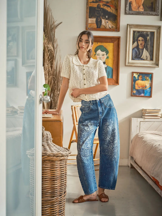 Embroidered Detail Cotton Barrel Pants