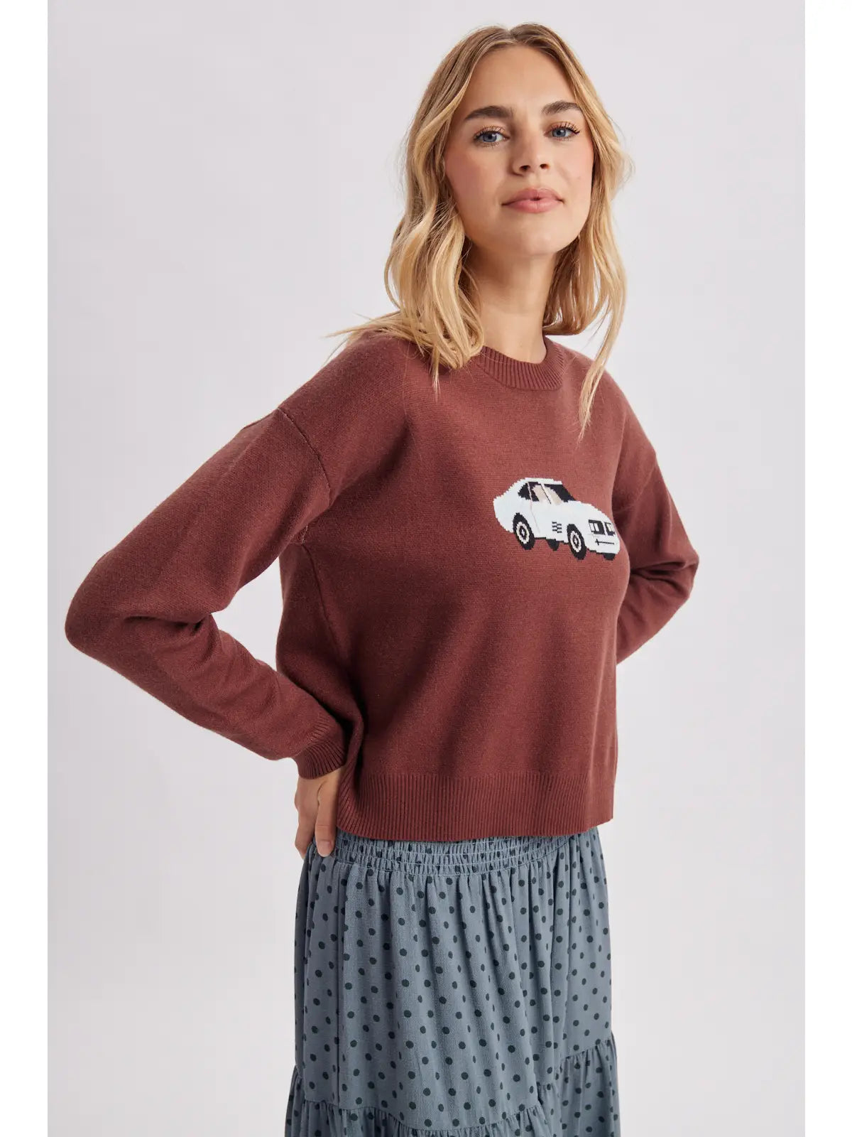 Espresso Sky Vintage Car Graphic Relax Cropped Sweater