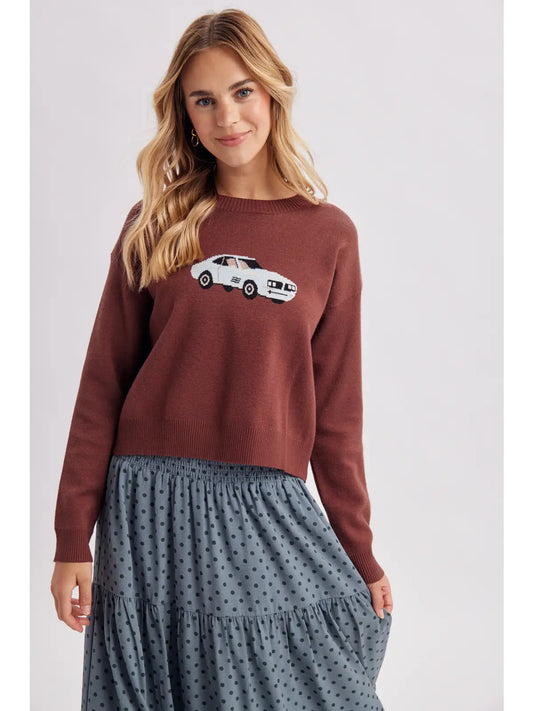 Espresso Sky Vintage Car Graphic Relax Cropped Sweater