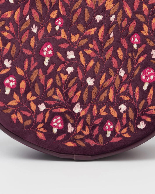 Fable Magical Mushroom Embroidered Burgundy Circle Purse