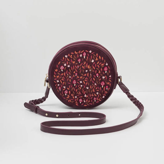 Fable Magical Mushroom Embroidered Burgundy Circle Purse