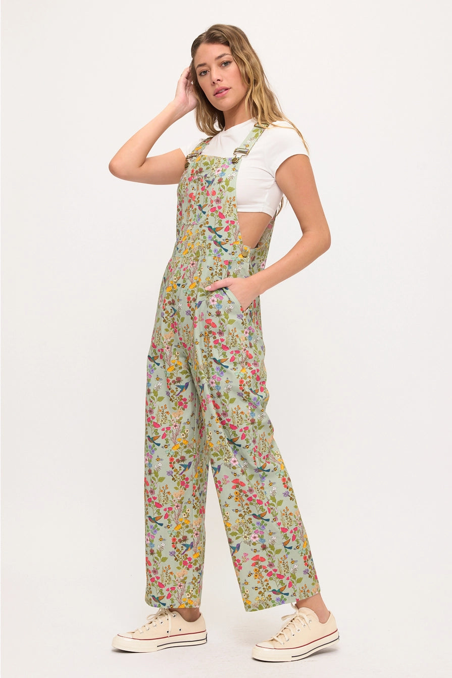 Mint Floral Hummingbird Print Overalls