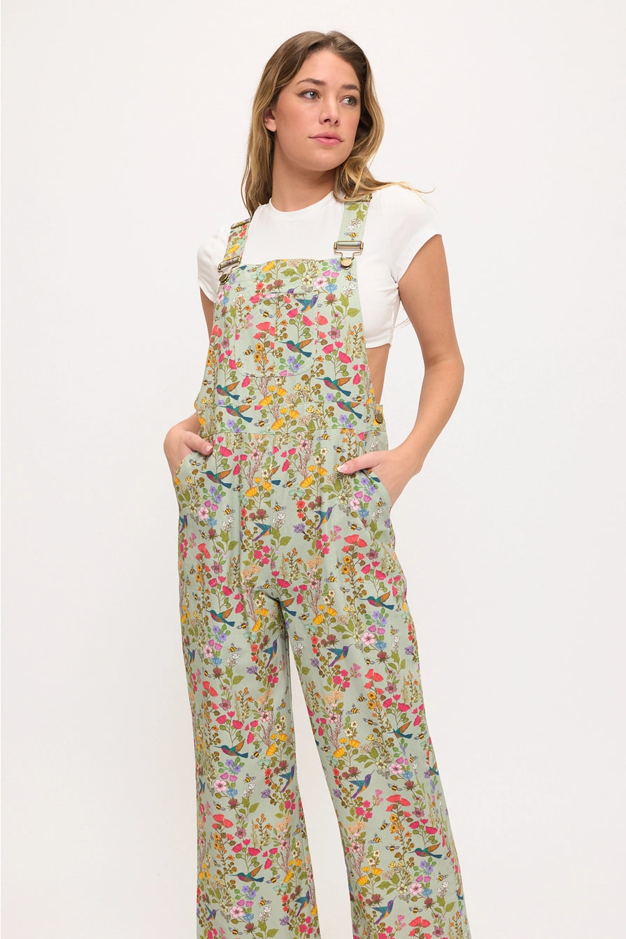 Mint Floral Hummingbird Print Overalls