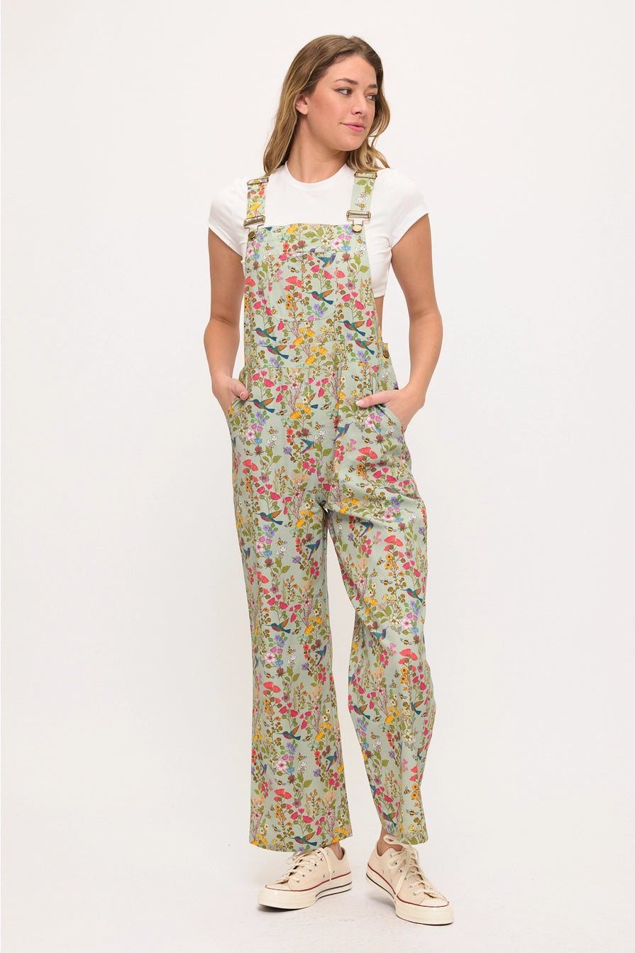 Mint Floral Hummingbird Print Overalls