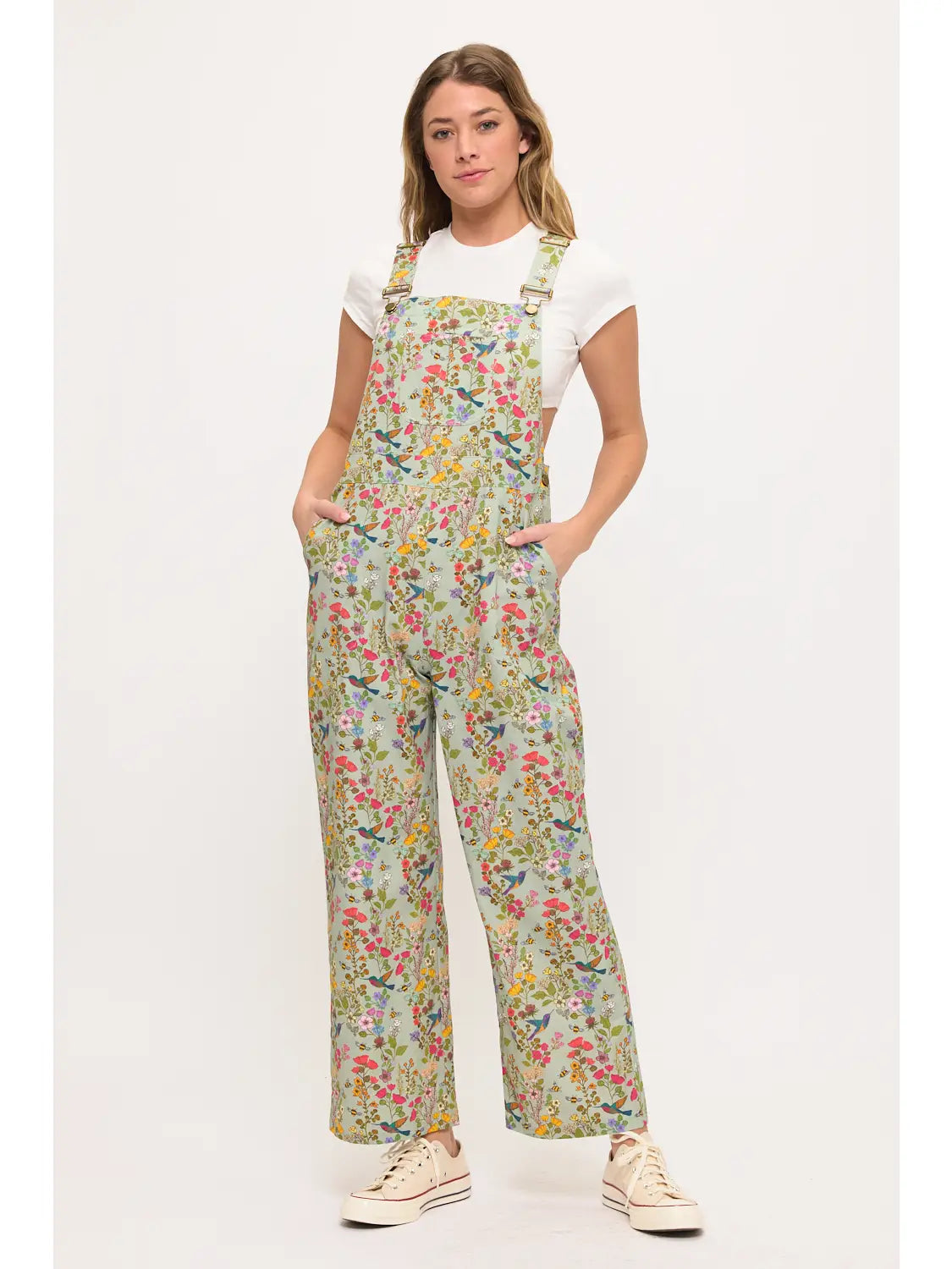 Mint Floral Hummingbird Print Overalls