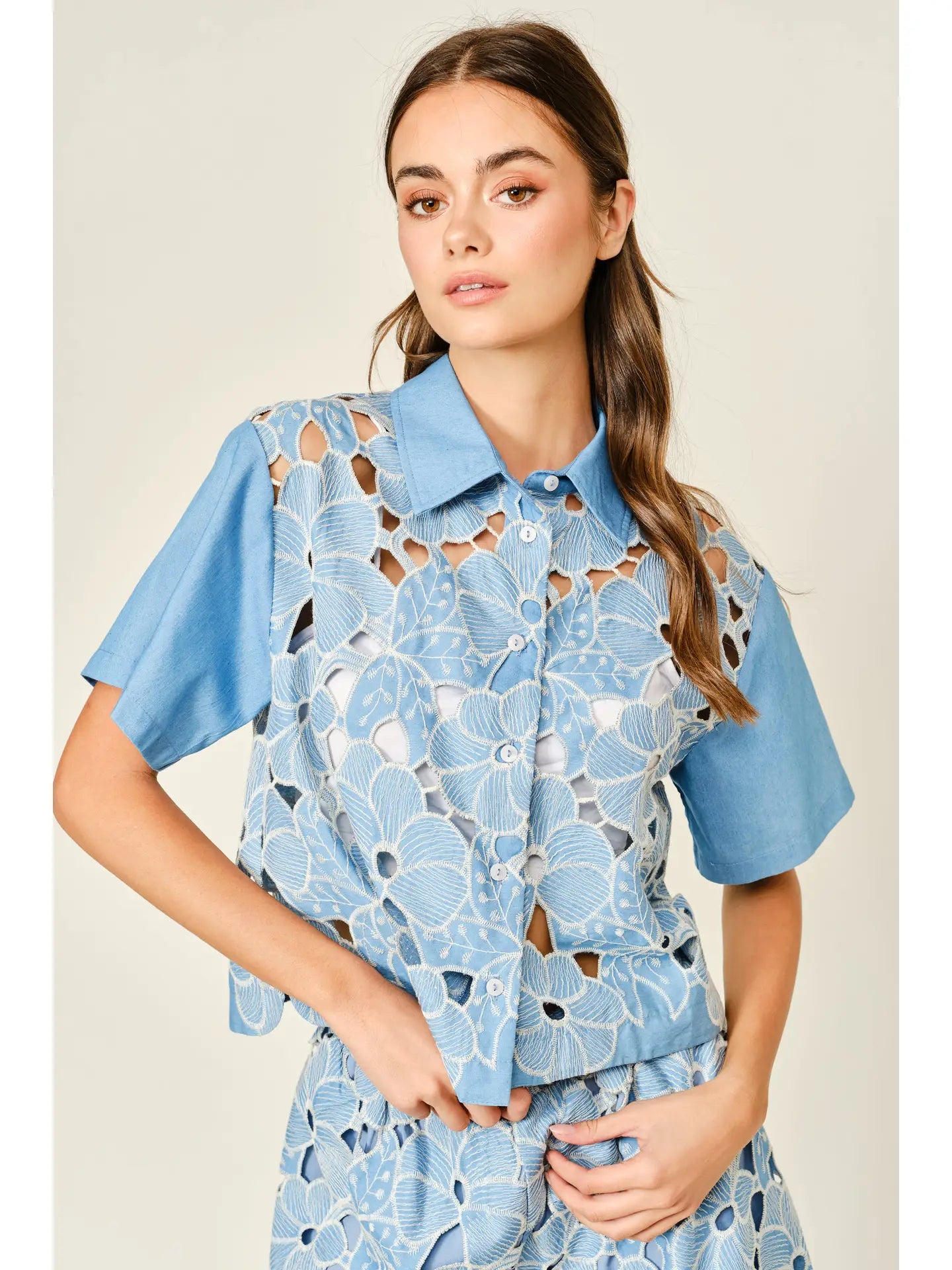Flower Eyelet Button Down Shirt
