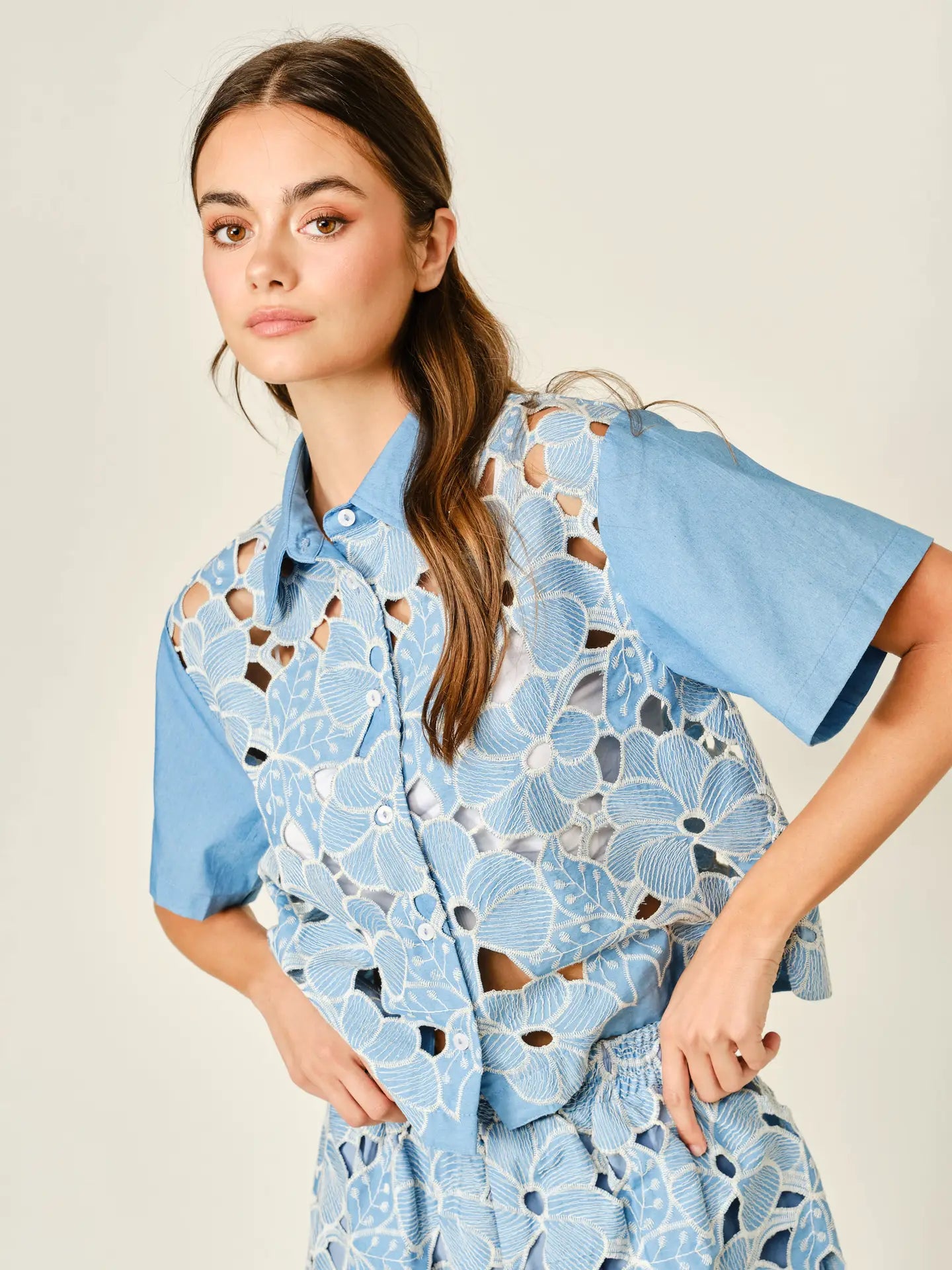 Flower Eyelet Button Down Shirt
