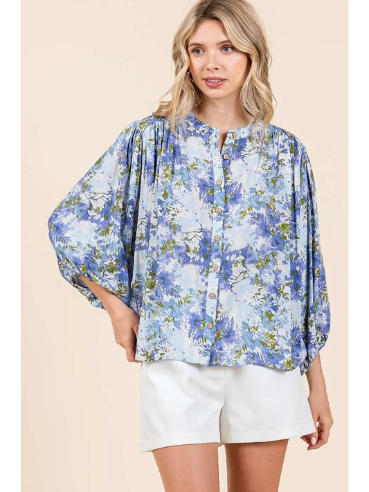 Blue Floral Batwing Blouse