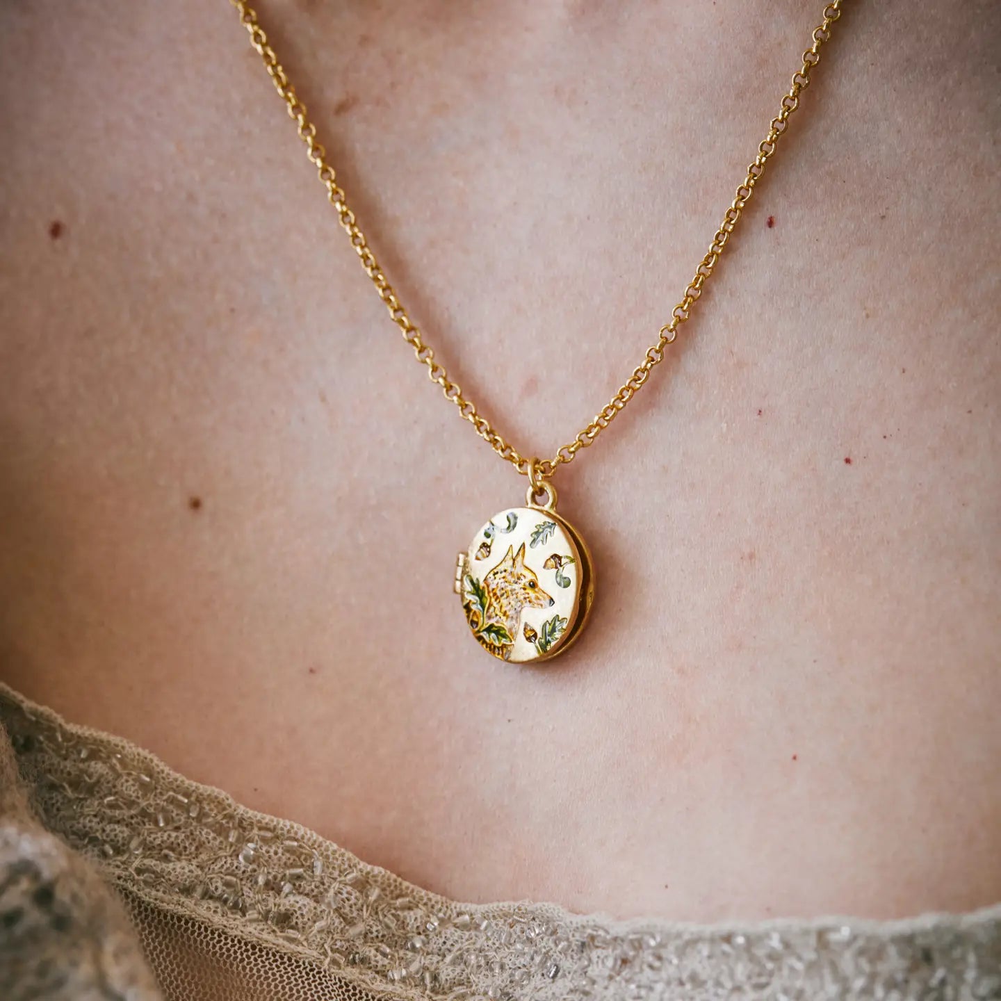 Fox & Acorn Oval Chain Locket Necklace by Fable England