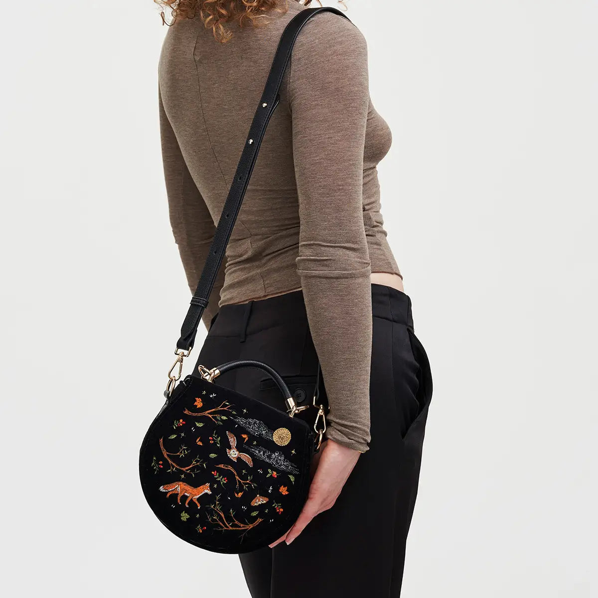 Fox & Owl Embroidered Black Top Handle Saddle Bag by Fable England