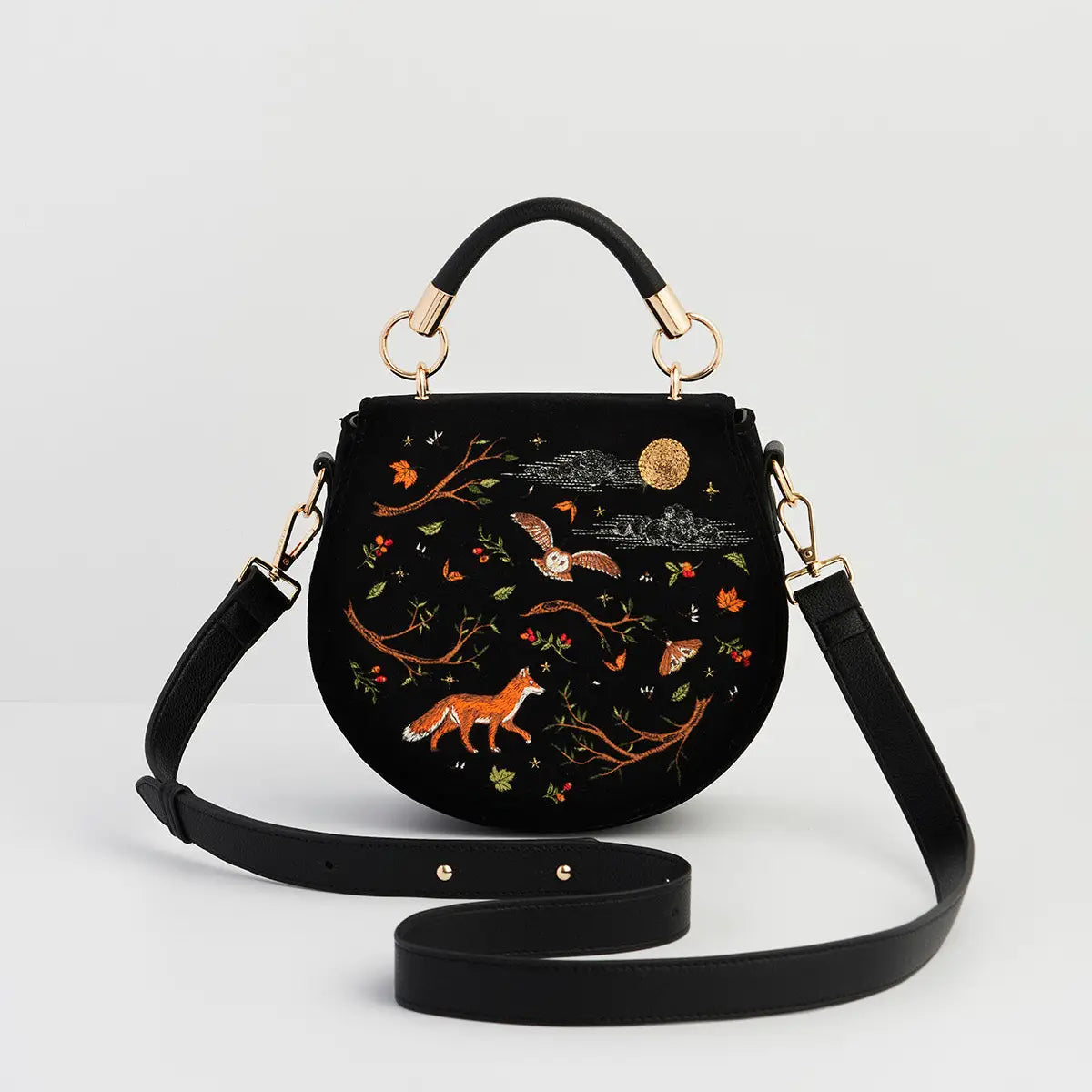 Fox & Owl Embroidered Black Top Handle Saddle Bag by Fable England
