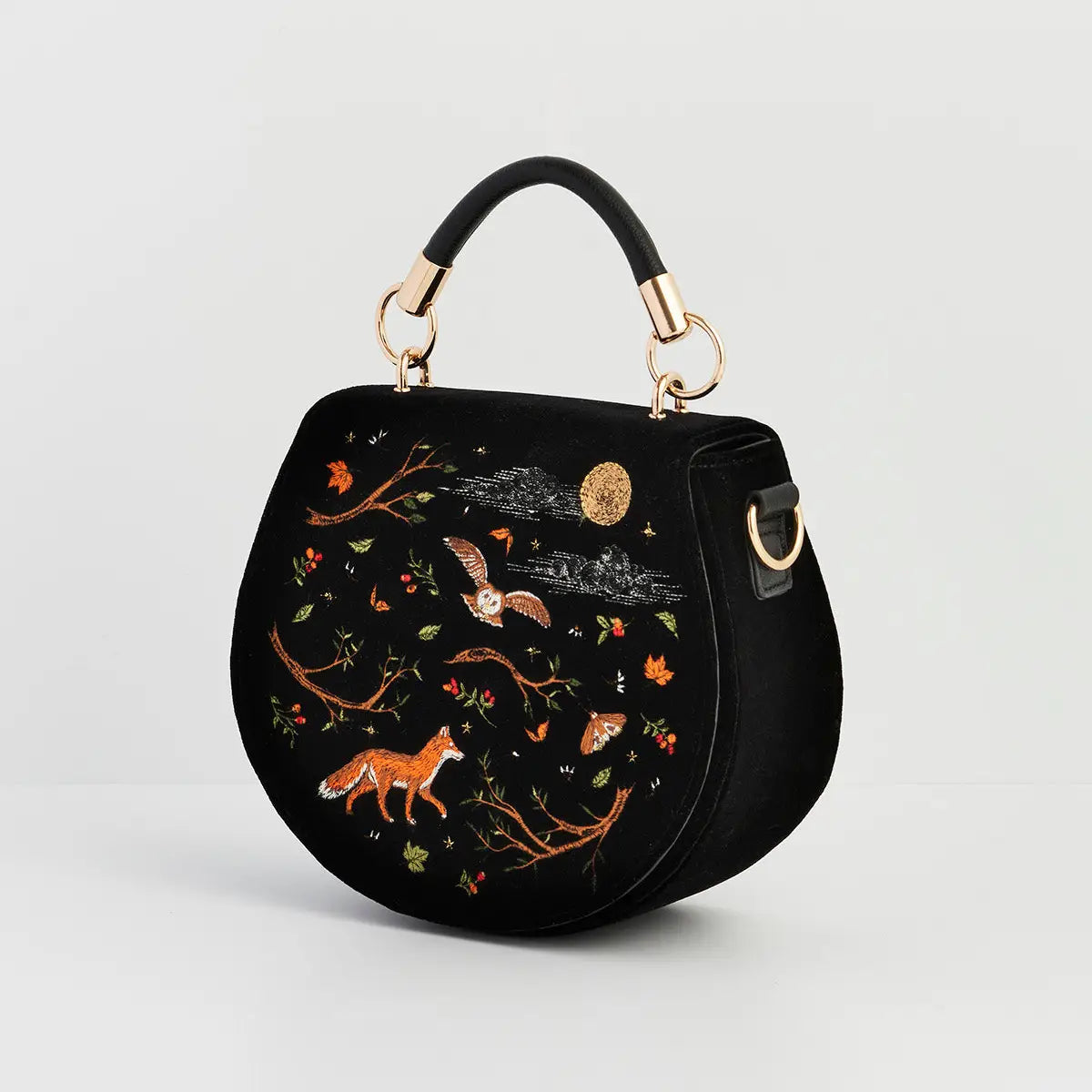 Fox & Owl Embroidered Black Top Handle Saddle Bag by Fable England