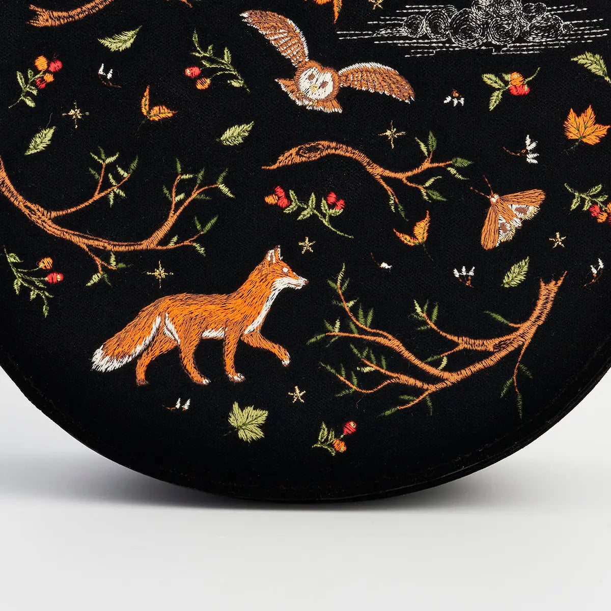 Fox & Owl Embroidered Black Top Handle Saddle Bag by Fable England