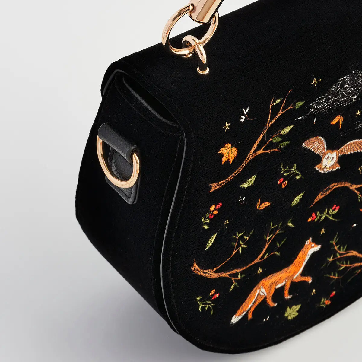 Fox & Owl Embroidered Black Top Handle Saddle Bag by Fable England