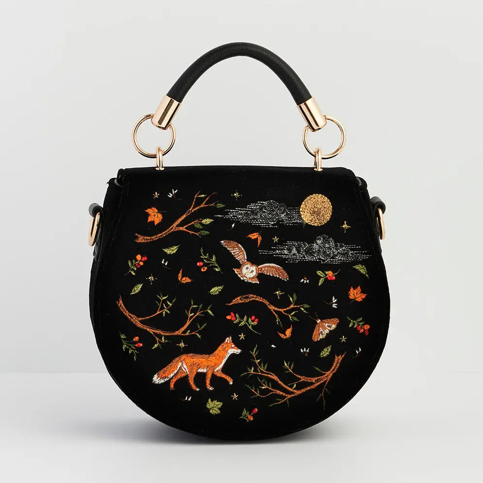 Fox & Owl Embroidered Black Top Handle Saddle Bag by Fable England