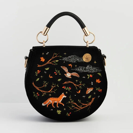 Fox & Owl Embroidered Black Top Handle Saddle Bag by Fable England