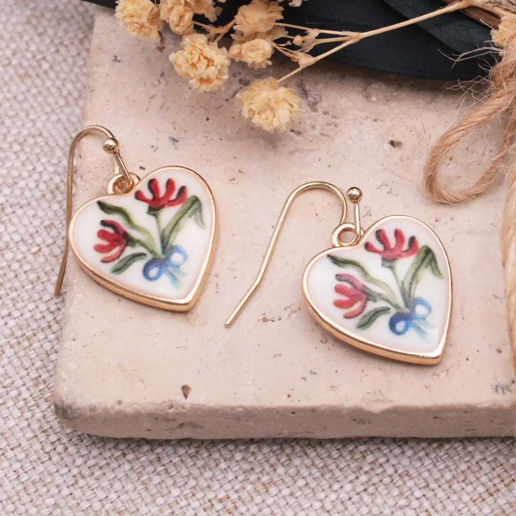 Fresh Picked Gold Heart Red Flower Earrings
