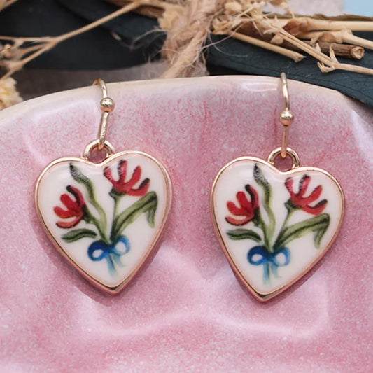 Fresh Picked Gold Heart Red Flower Earrings