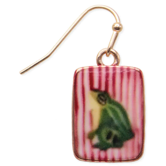 Funky Frog Print Gold Stripe Earrings