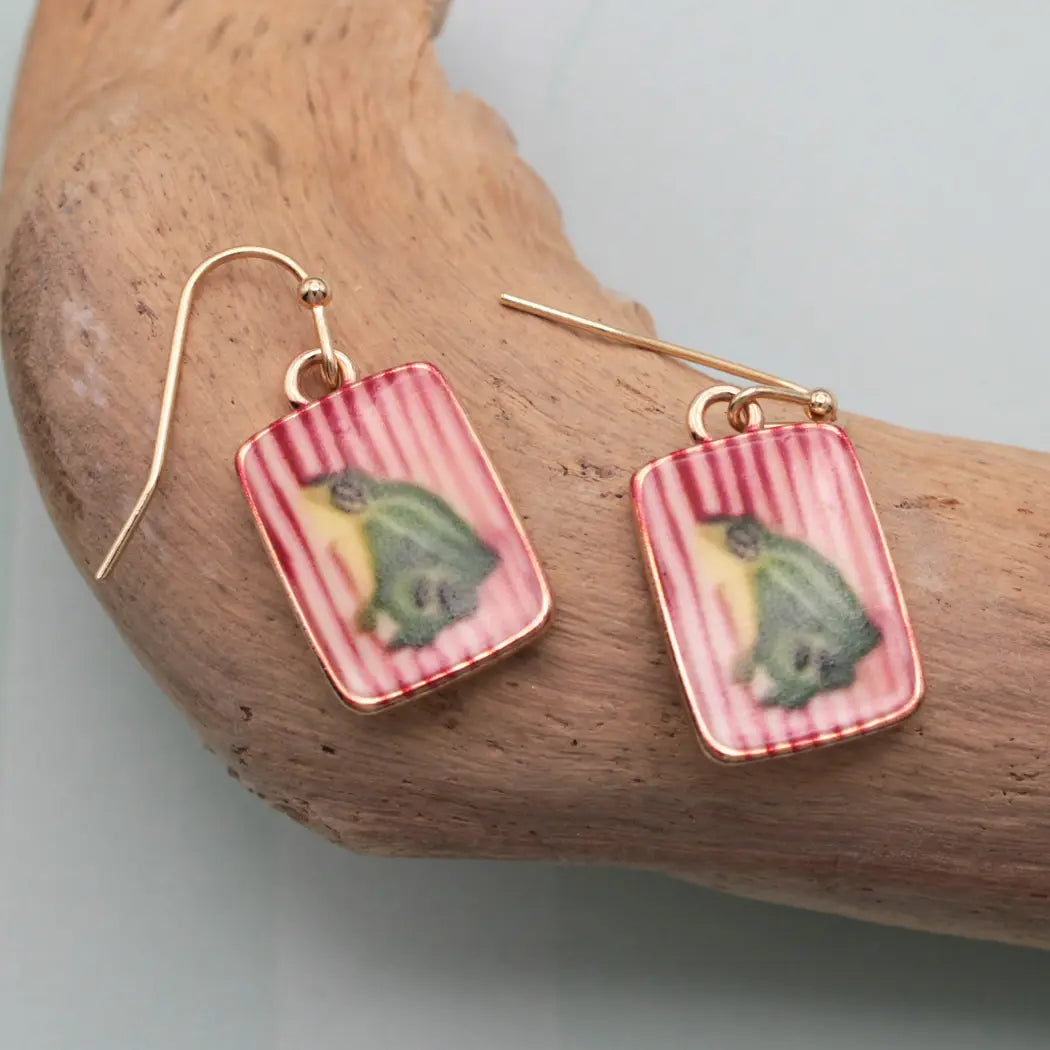 Funky Frog Print Gold Stripe Earrings