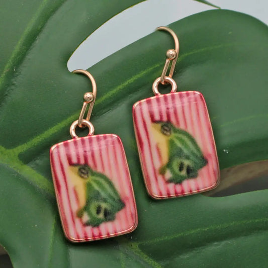 Funky Frog Print Gold Stripe Earrings