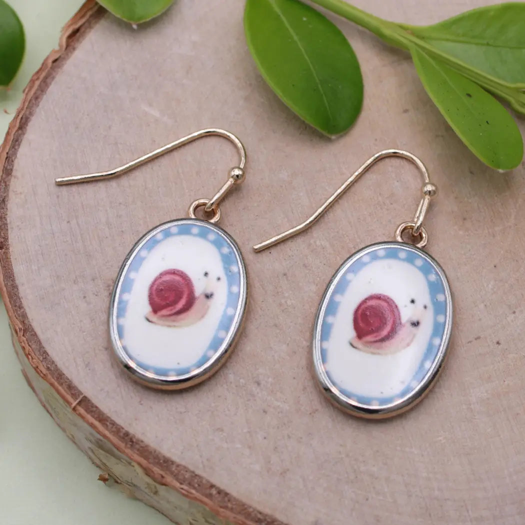 Garden Life Snail Print Gold Oval Earrings