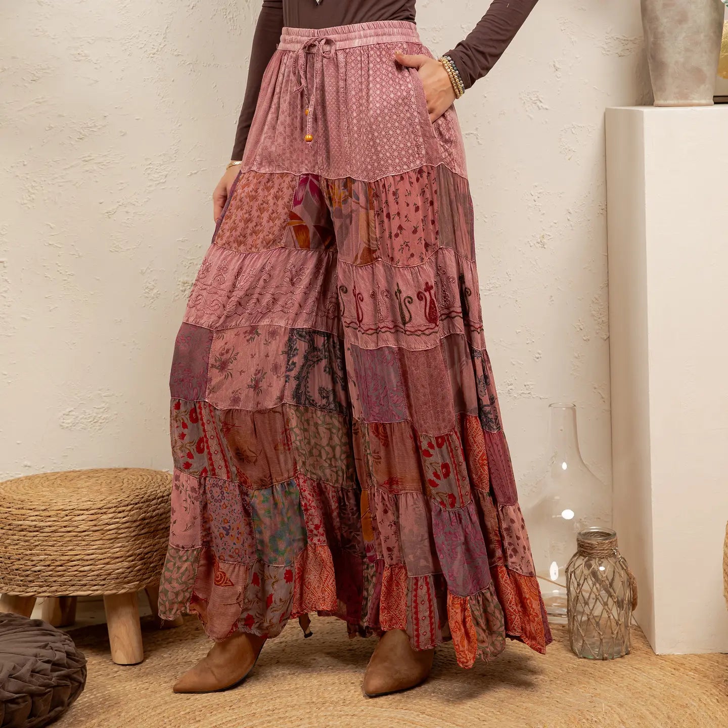Garnet Tiered Patchwork Wide-Leg Pants