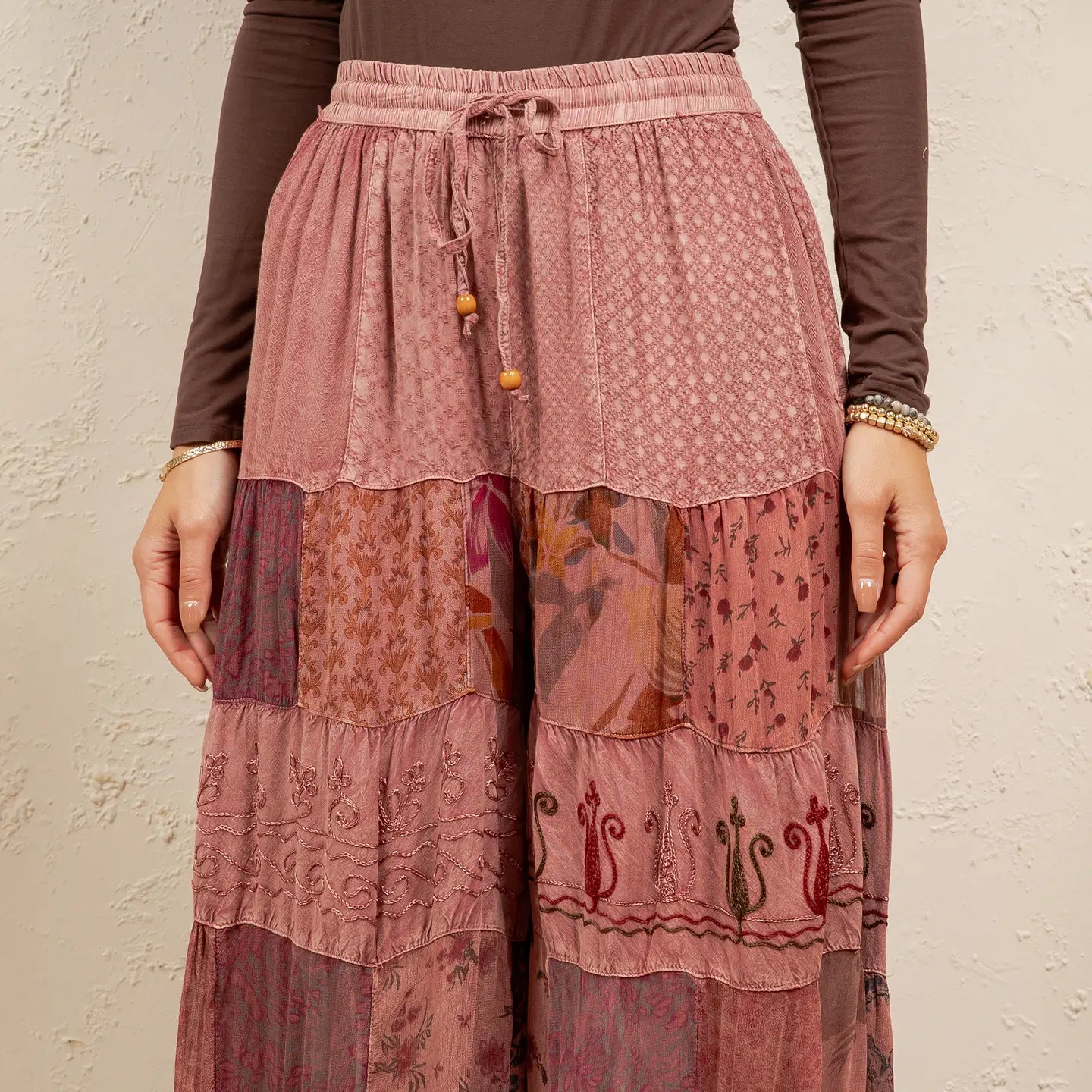 Garnet Tiered Patchwork Wide-Leg Pants