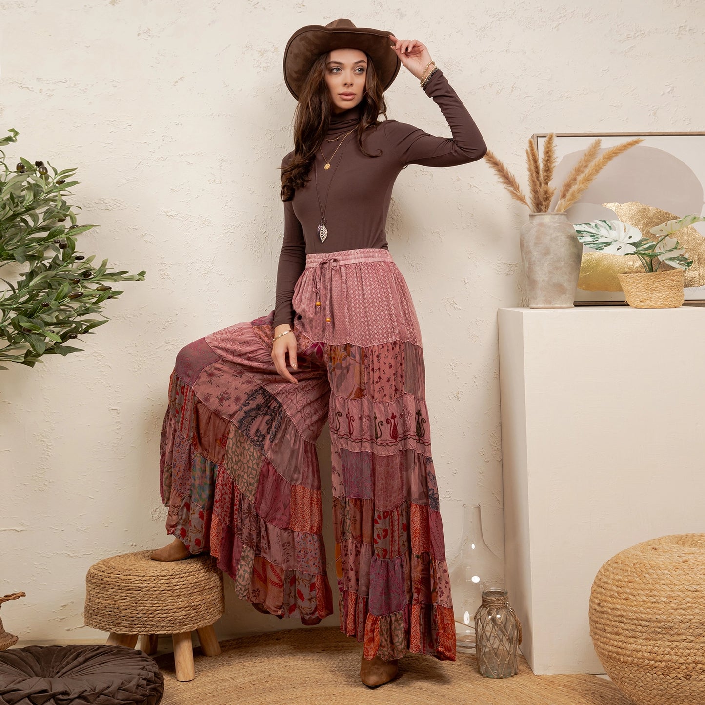 Garnet Tiered Patchwork Wide-Leg Pants