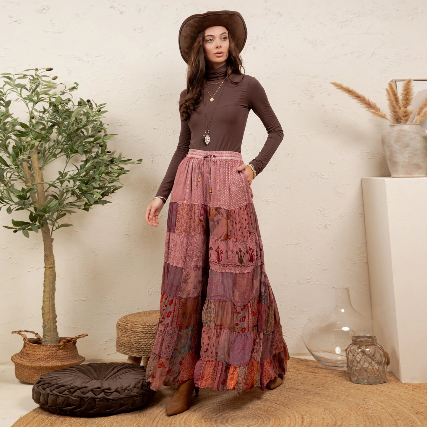 Garnet Tiered Patchwork Wide-Leg Pants