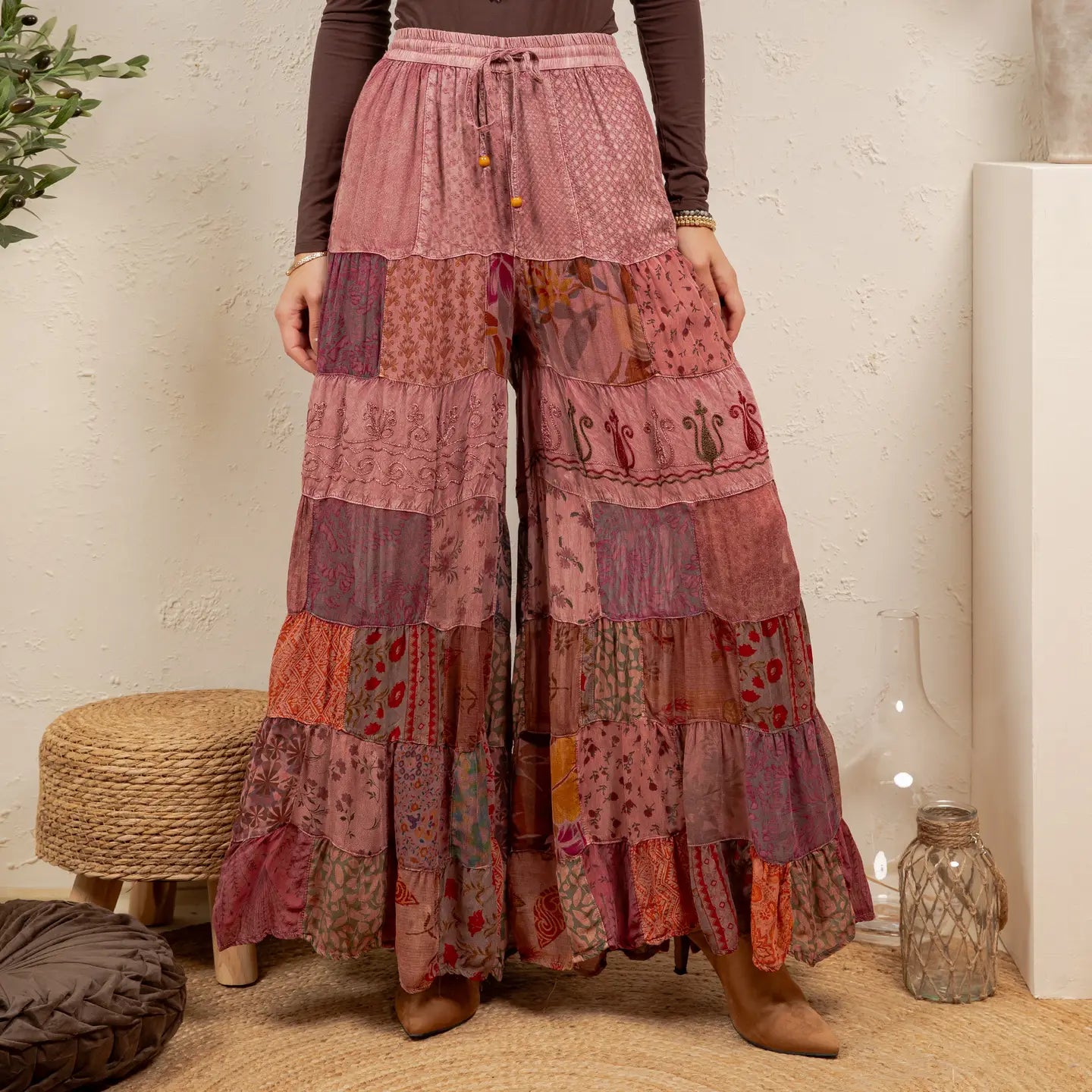 Garnet Tiered Patchwork Wide-Leg Pants