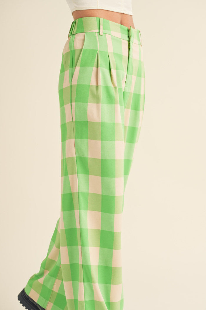Green Apple Wide Leg Plaid Trousers