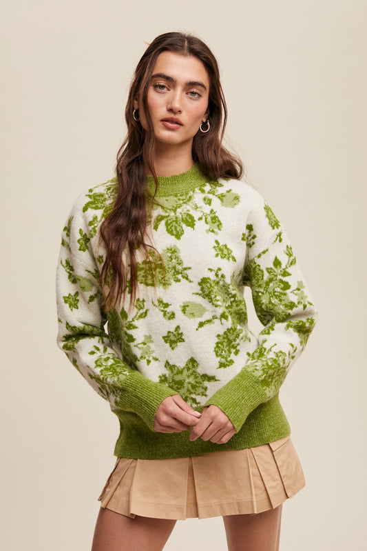 Green Rose Floral Sweater