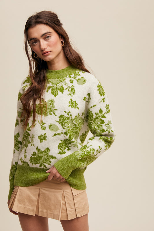 Green Rose Floral Sweater