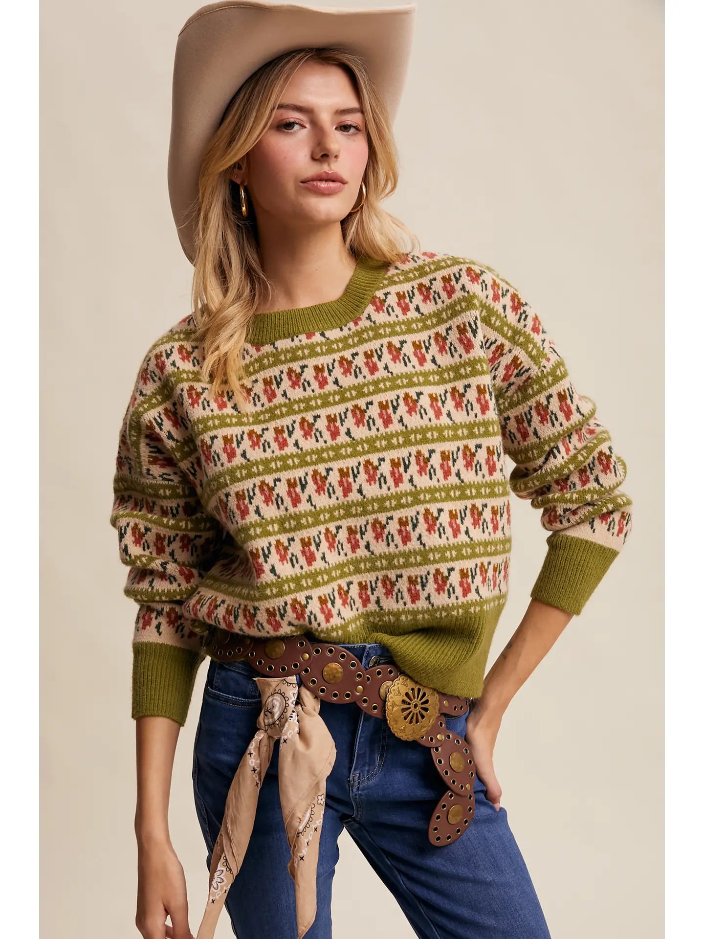 Green Western Jacquard Knit Sweater