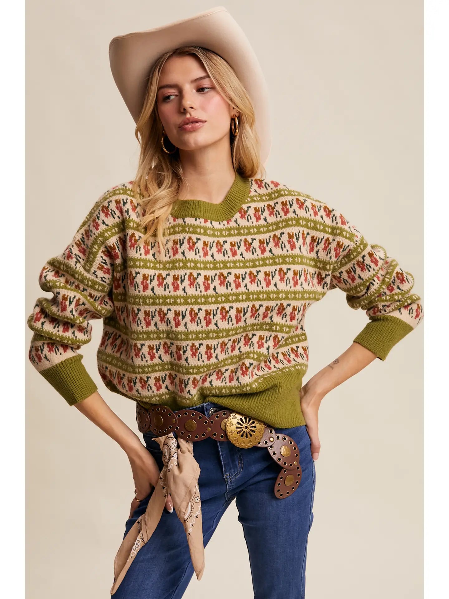 Green Western Jacquard Knit Sweater