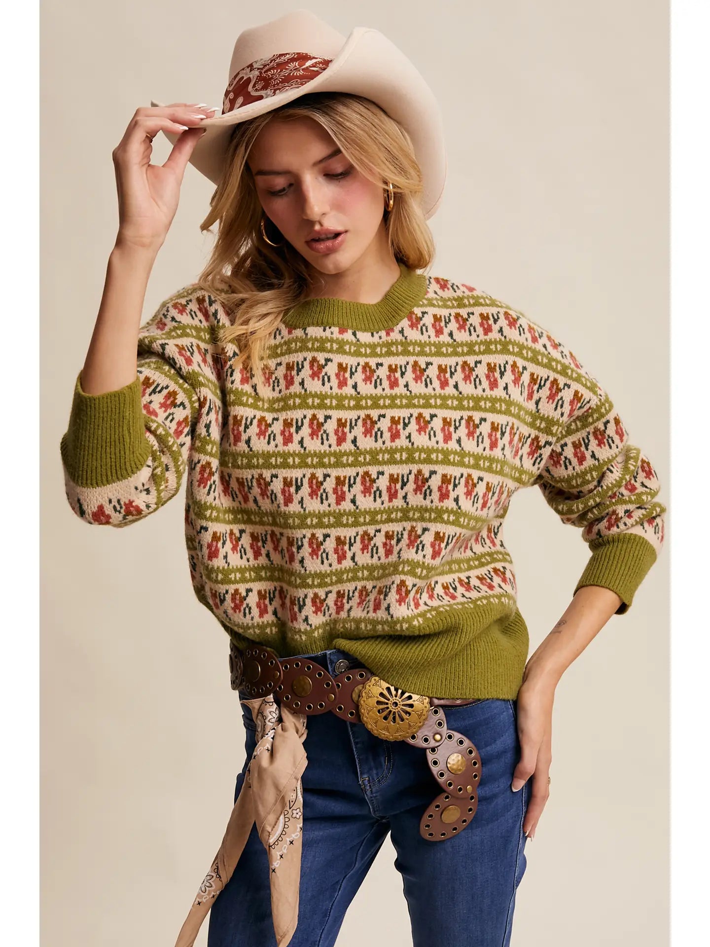 Green Western Jacquard Knit Sweater