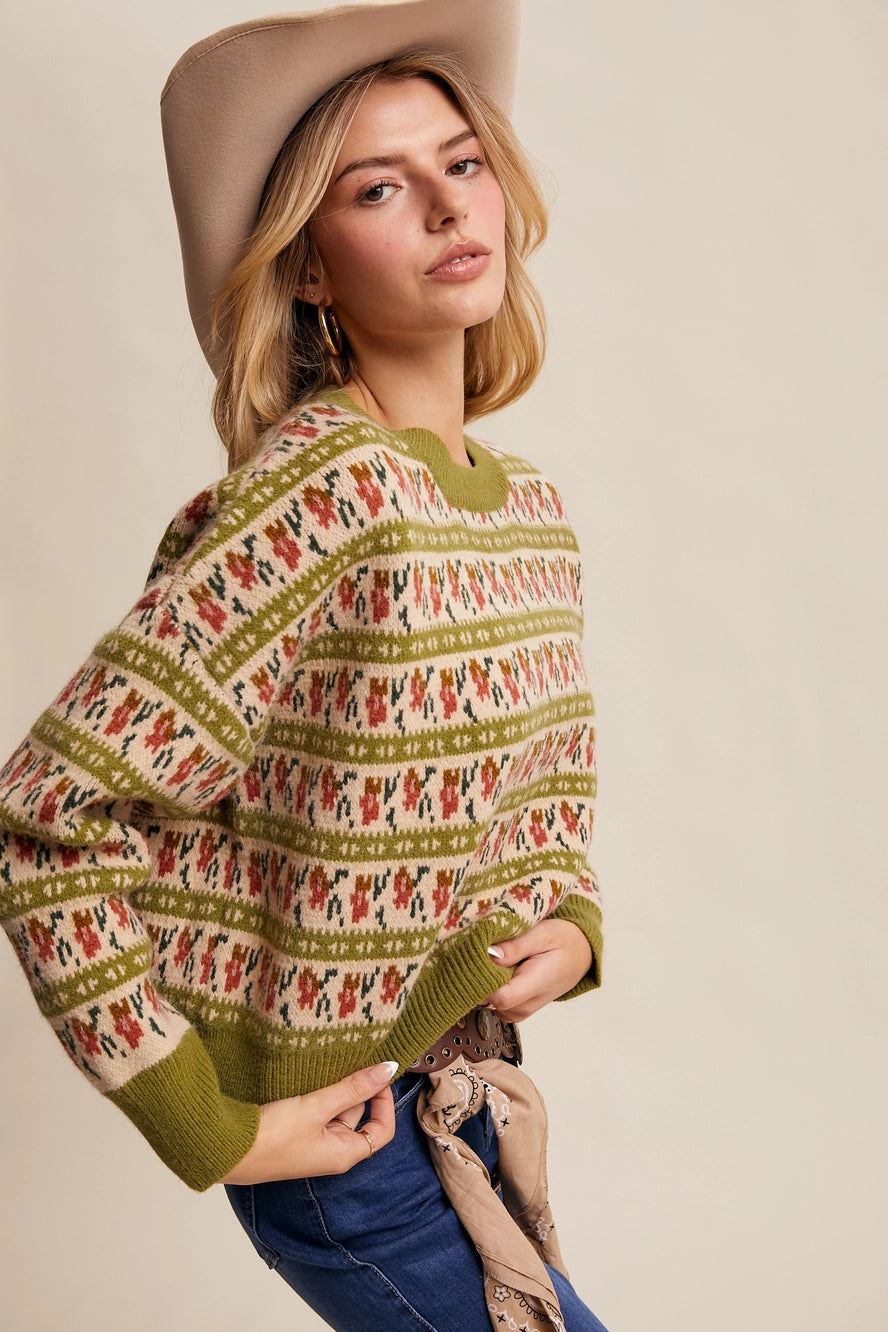 Green Western Jacquard Knit Sweater