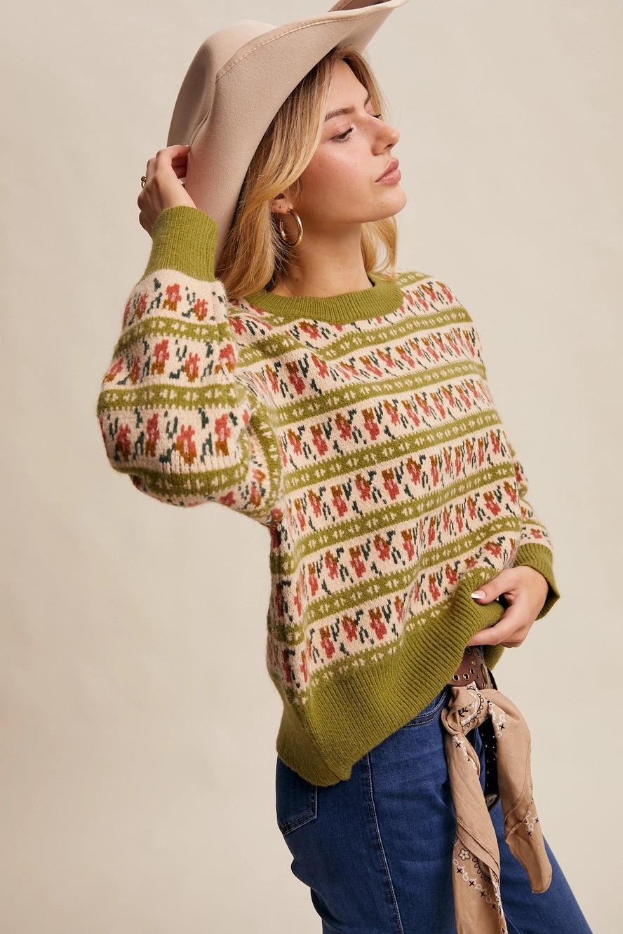 Green Western Jacquard Knit Sweater