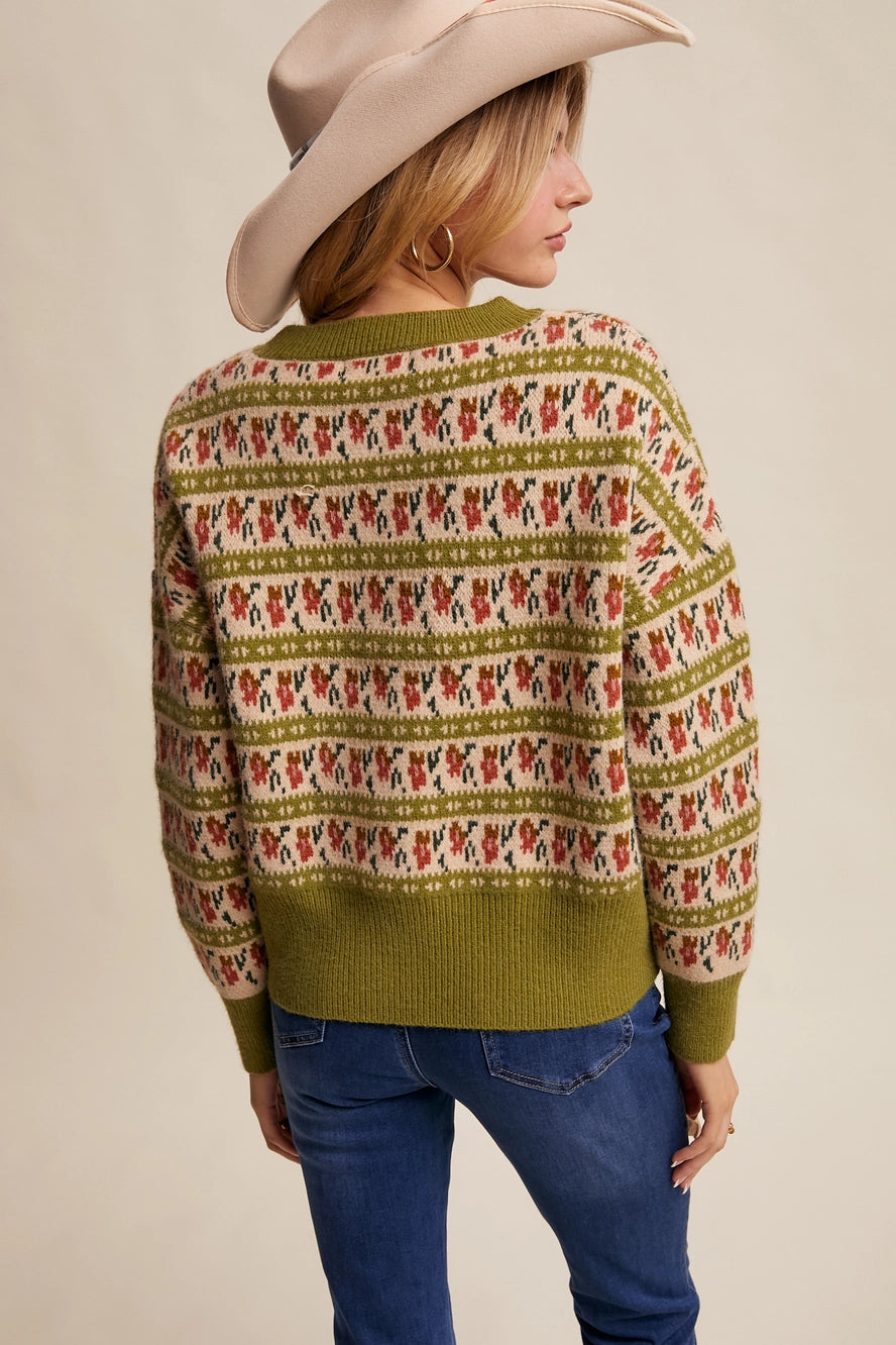 Green Western Jacquard Knit Sweater