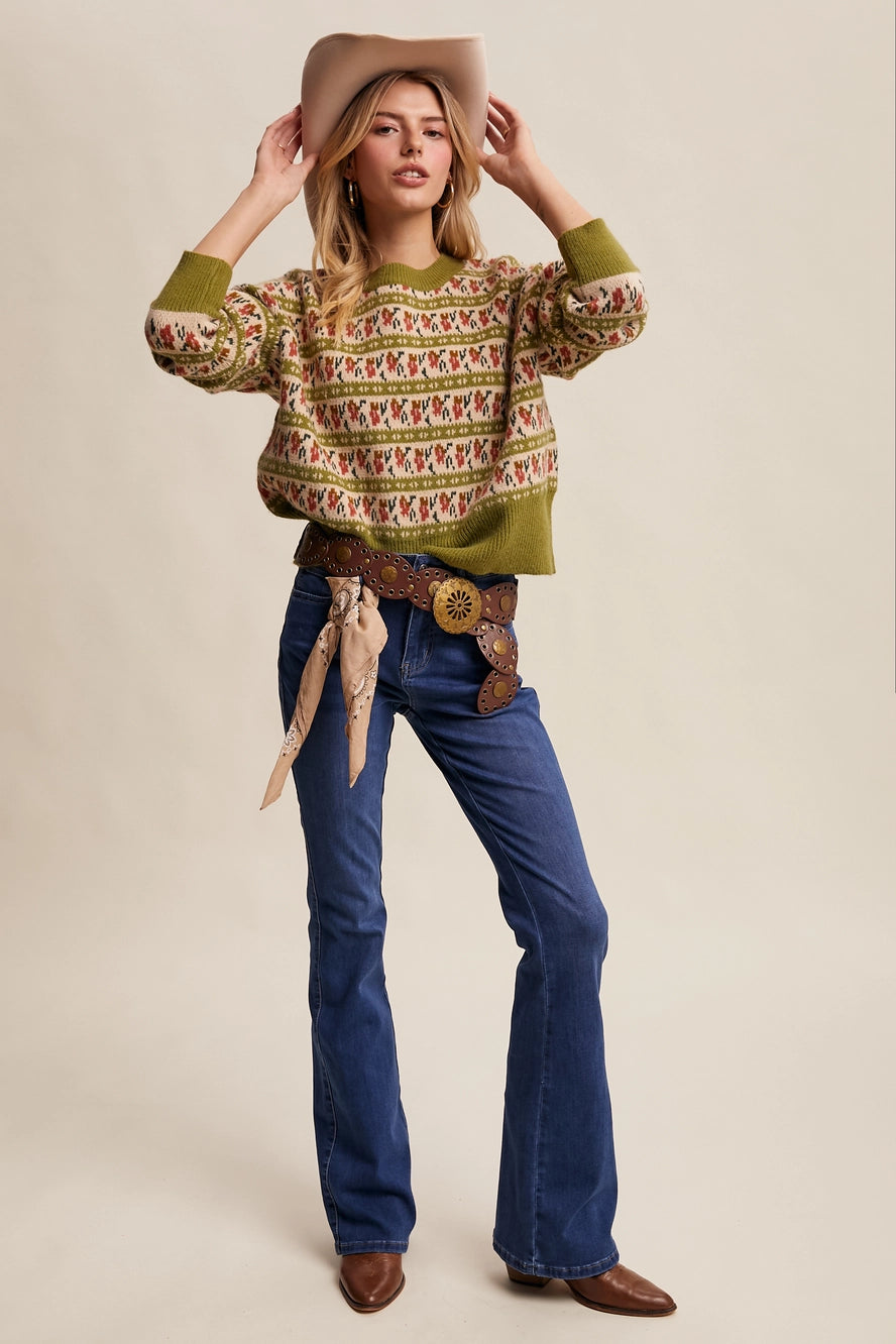 Green Western Jacquard Knit Sweater