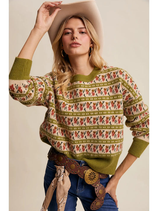 Green Western Jacquard Knit Sweater