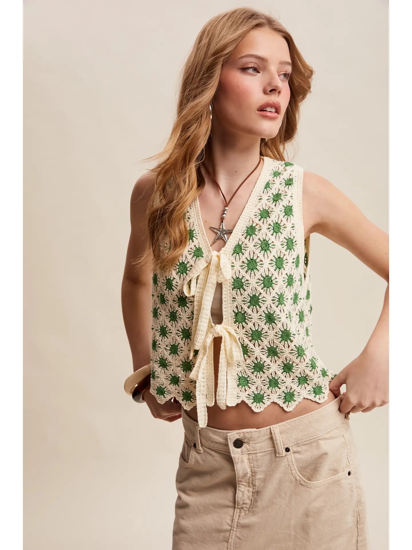 Green & Cream Crochet Daisy Tie-Front Vest