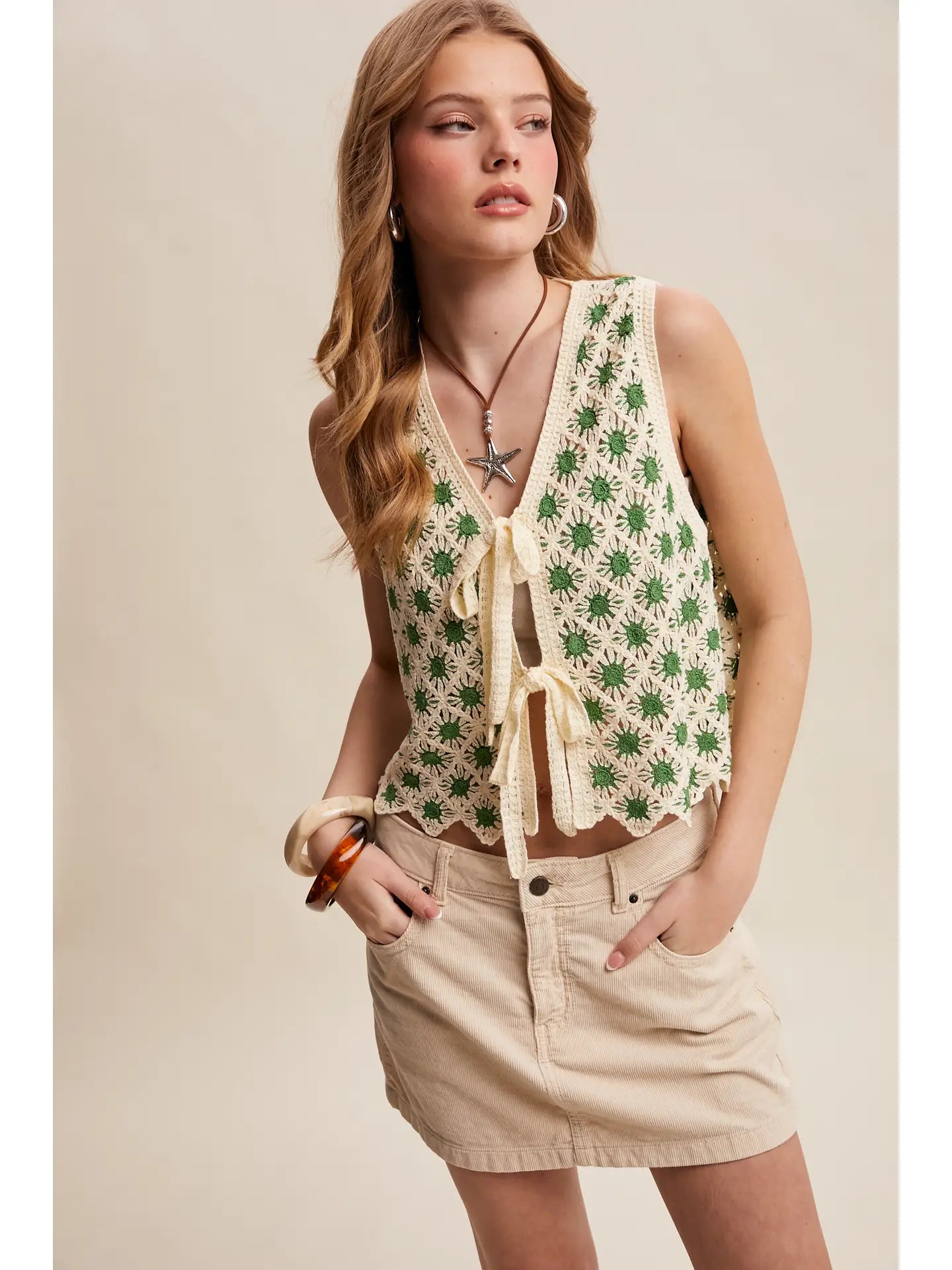Green & Cream Crochet Daisy Tie-Front Vest