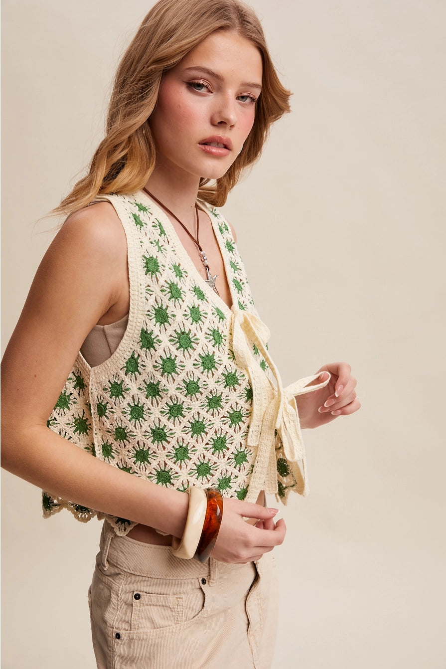 Green & Cream Crochet Daisy Tie-Front Vest
