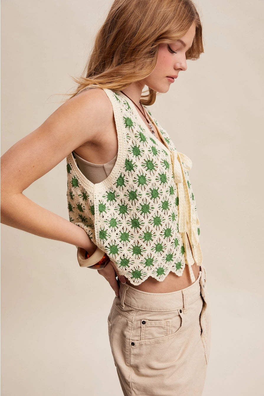 Green & Cream Crochet Daisy Tie-Front Vest