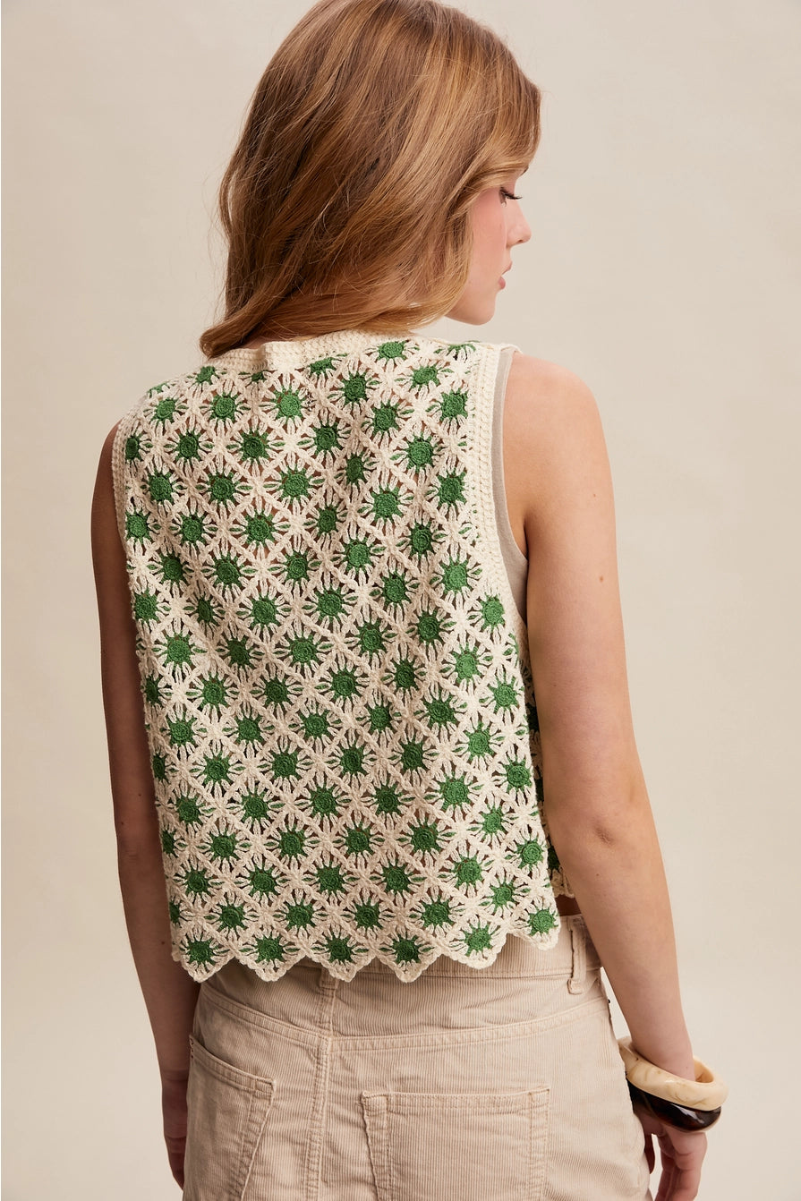 Green & Cream Crochet Daisy Tie-Front Vest