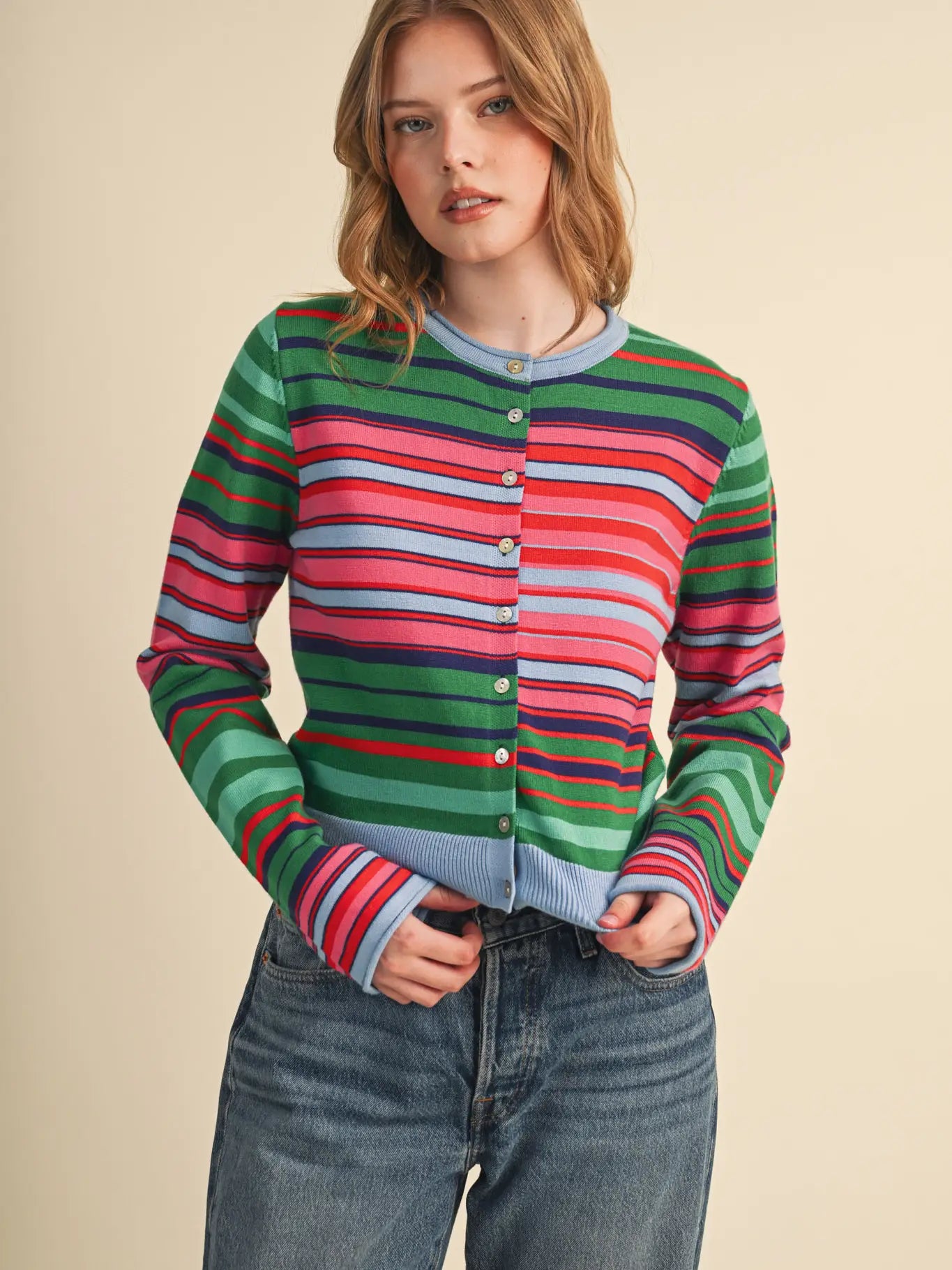Green & Pink Mix Stripe Cardigan