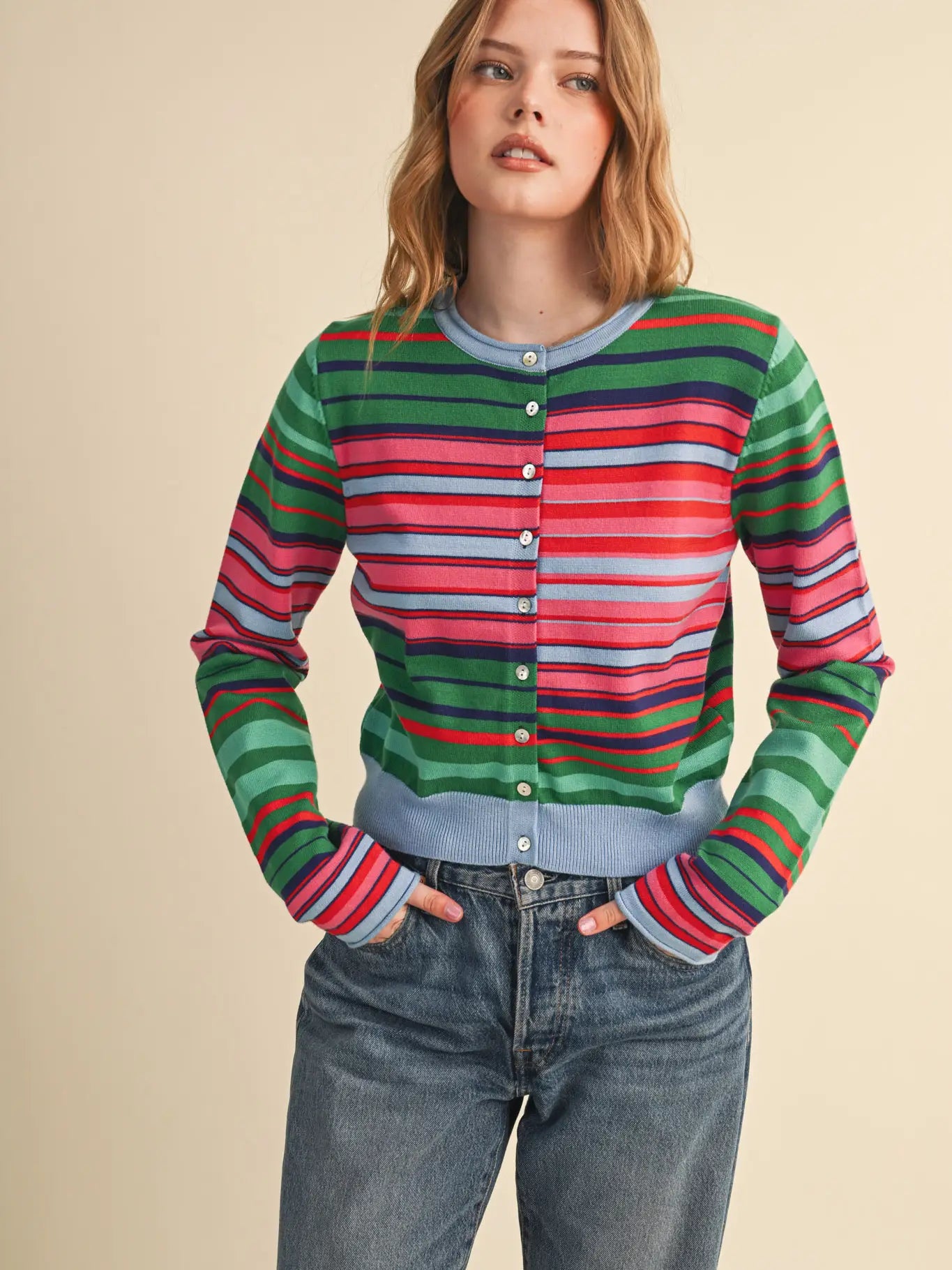 Green & Pink Mix Stripe Cardigan